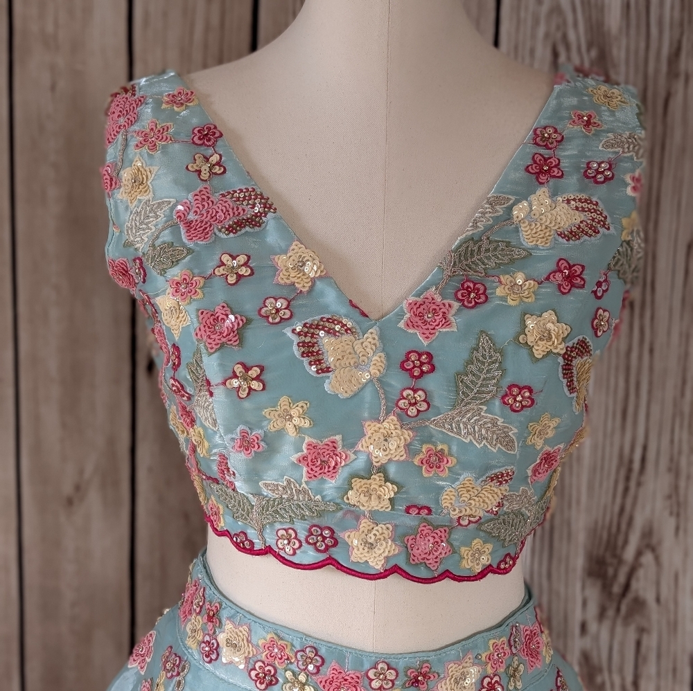 Beautiful Indian wedding embroidered floral | Pastel Blue color Lehenga choli - Picture 4 of 15